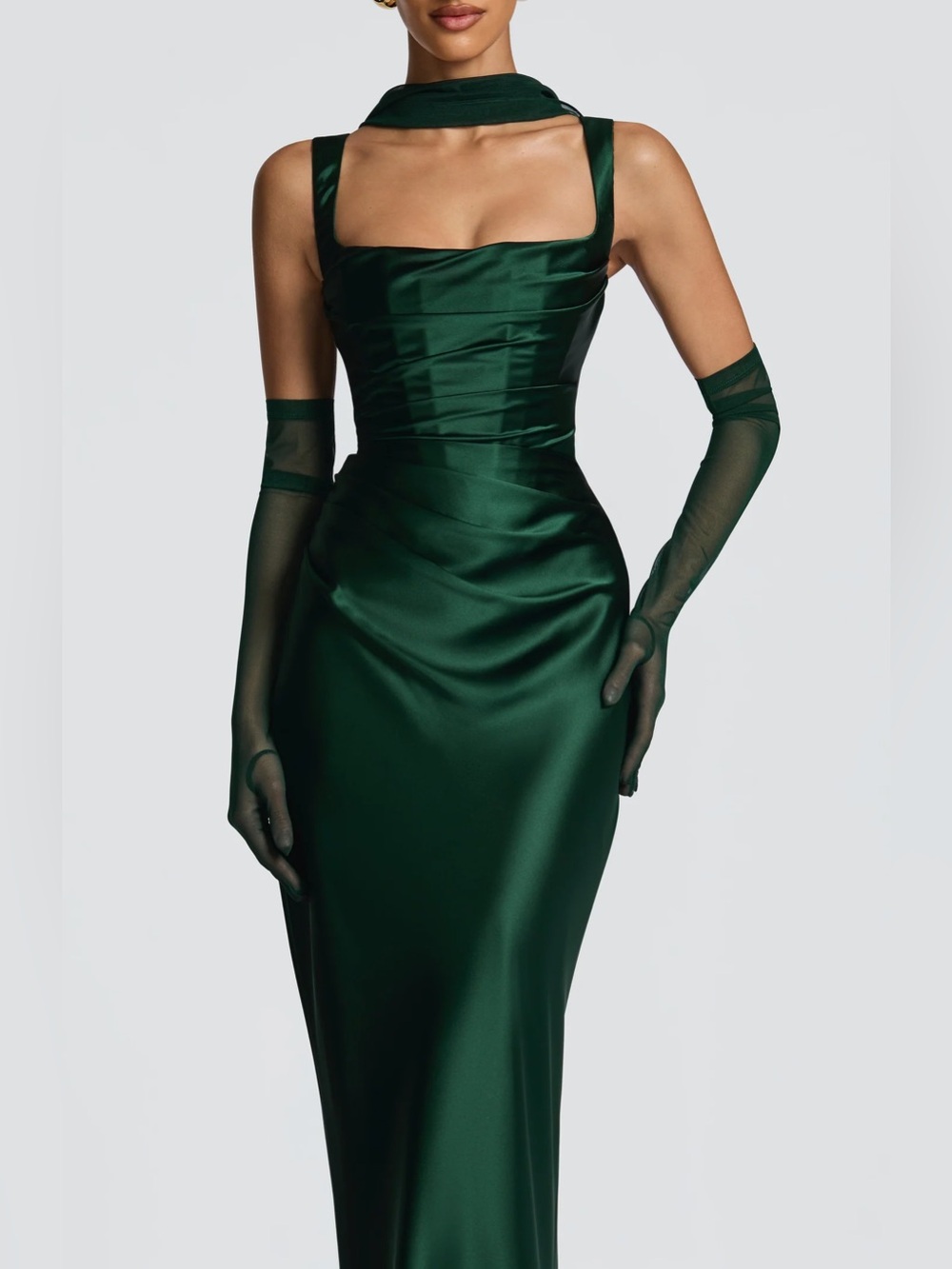 Emerald Satin Evening Dress with Sheer Gloves,green dress